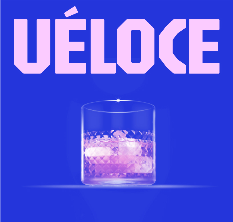 Stylized blue and pink image of a whiskey glass with the wordmark of Vèloce in pink all-caps letters above.